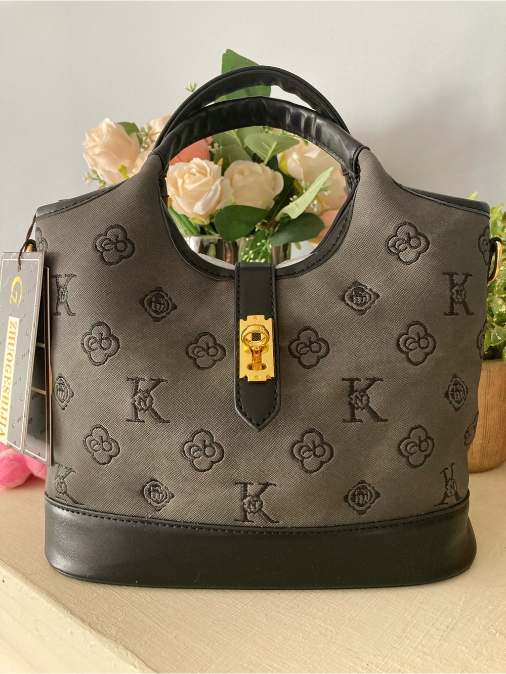 Source Unknown Black Embossed Satchel with Gold Hardware
